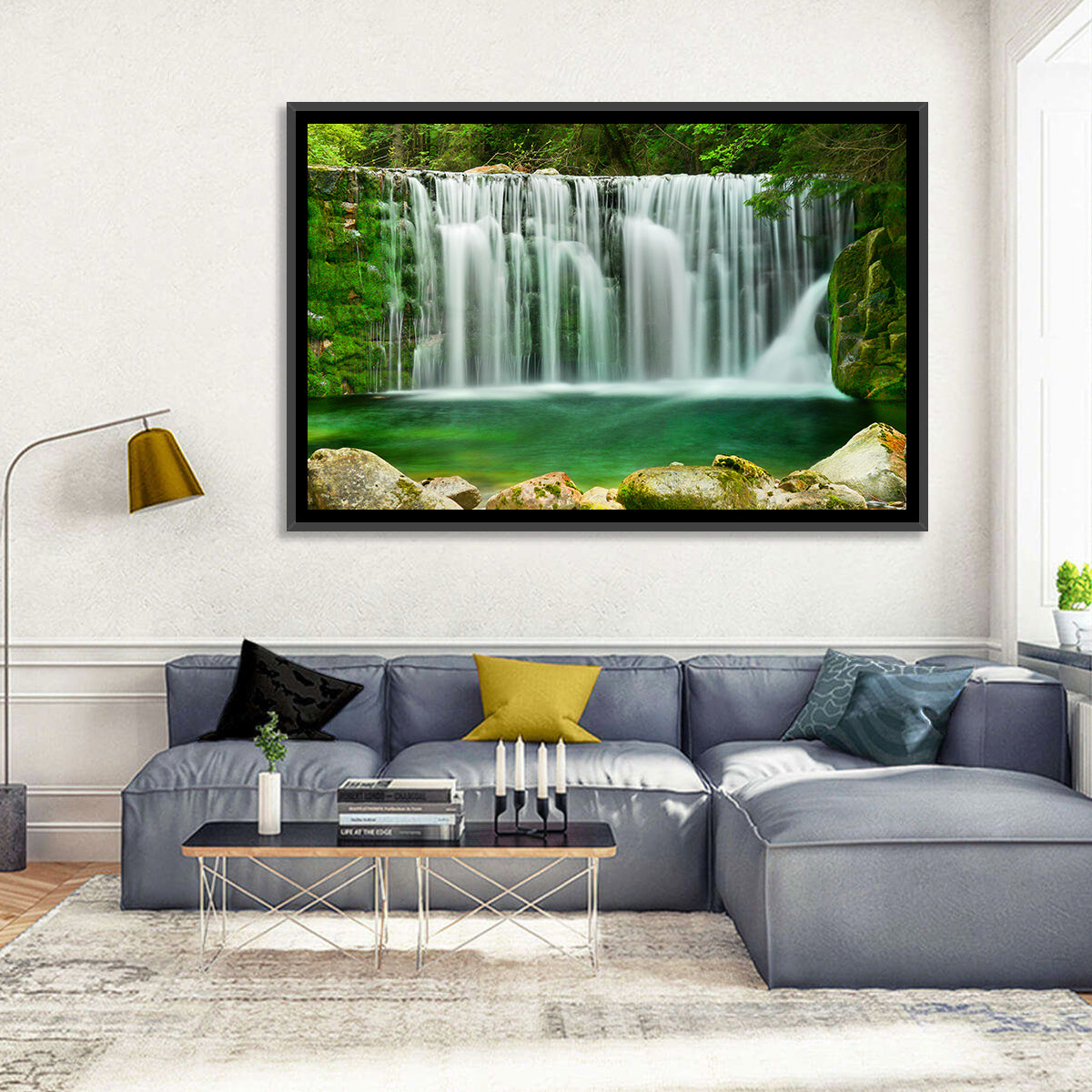 Emerald Lake Waterfall Wall Art in a room, landscape