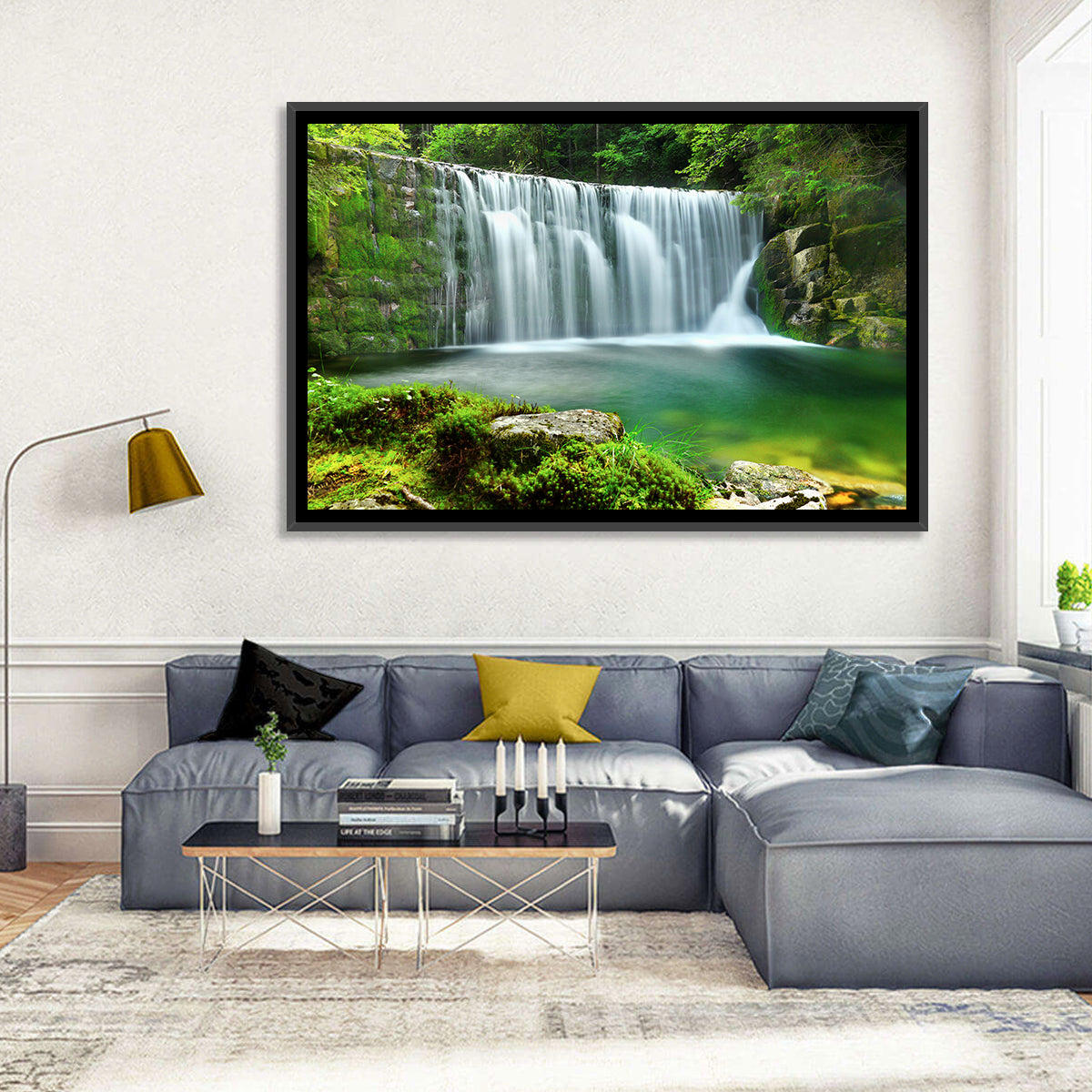 Emerald Forest Waterfall with Mossy Stones Wall Art in a room, landscape