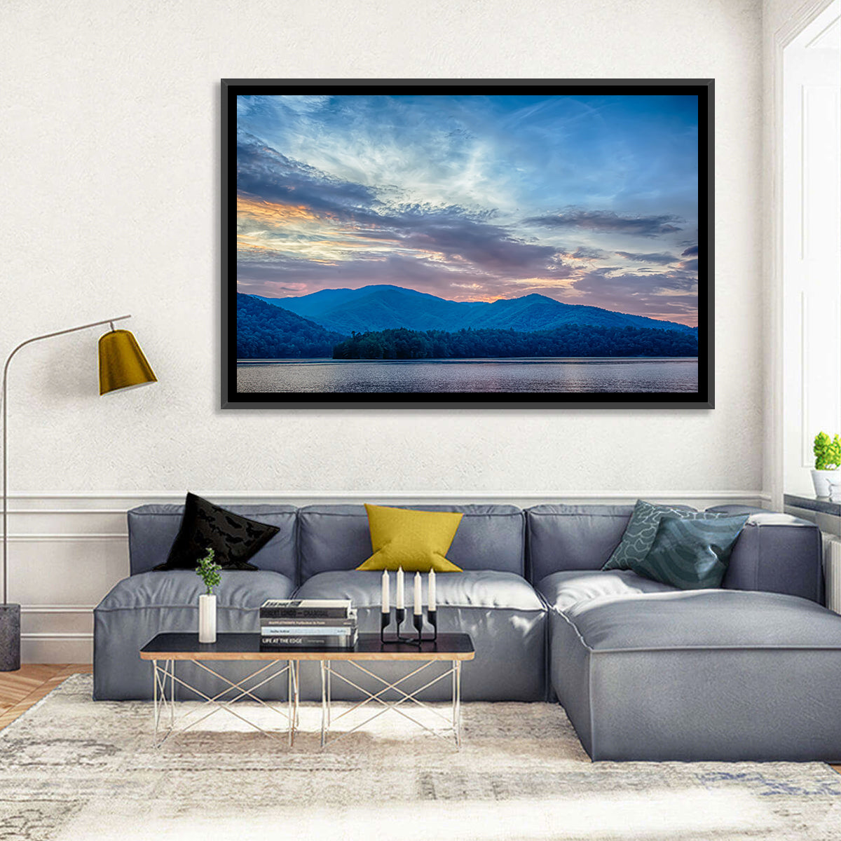Lake Santeetlah Sunset Glow Wall Art in a room, landscape