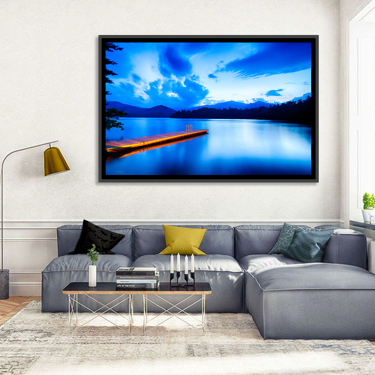 Lake Santeetlah Pier at Dusk Wall Art in a room, landscape
