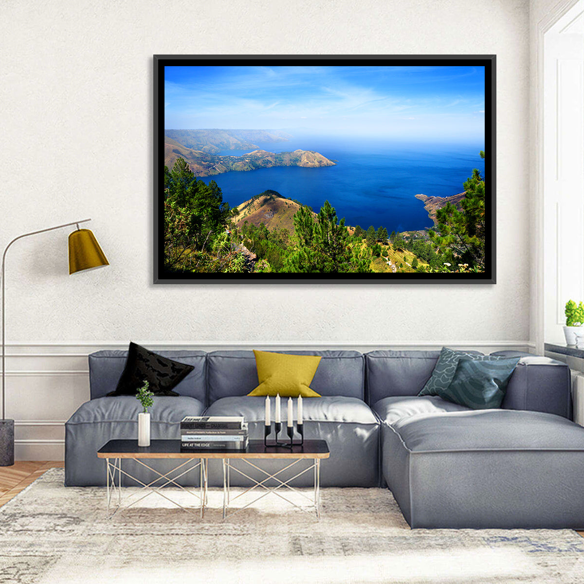 Lake Toba Aerial View Wall Art in a room, landscape