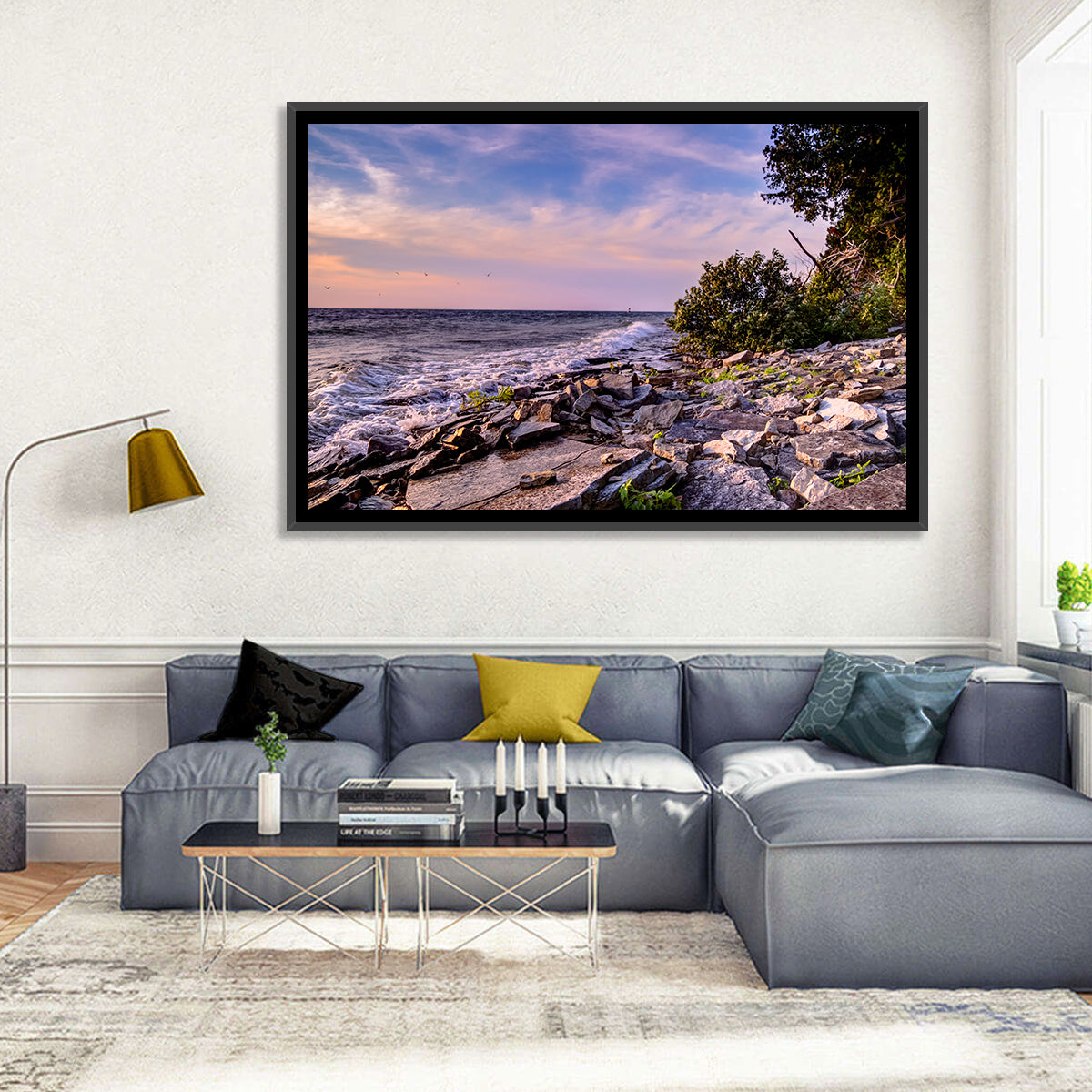 Lake Michigan Rocky Shoreline at Dusk Wall Art in a room, landscape