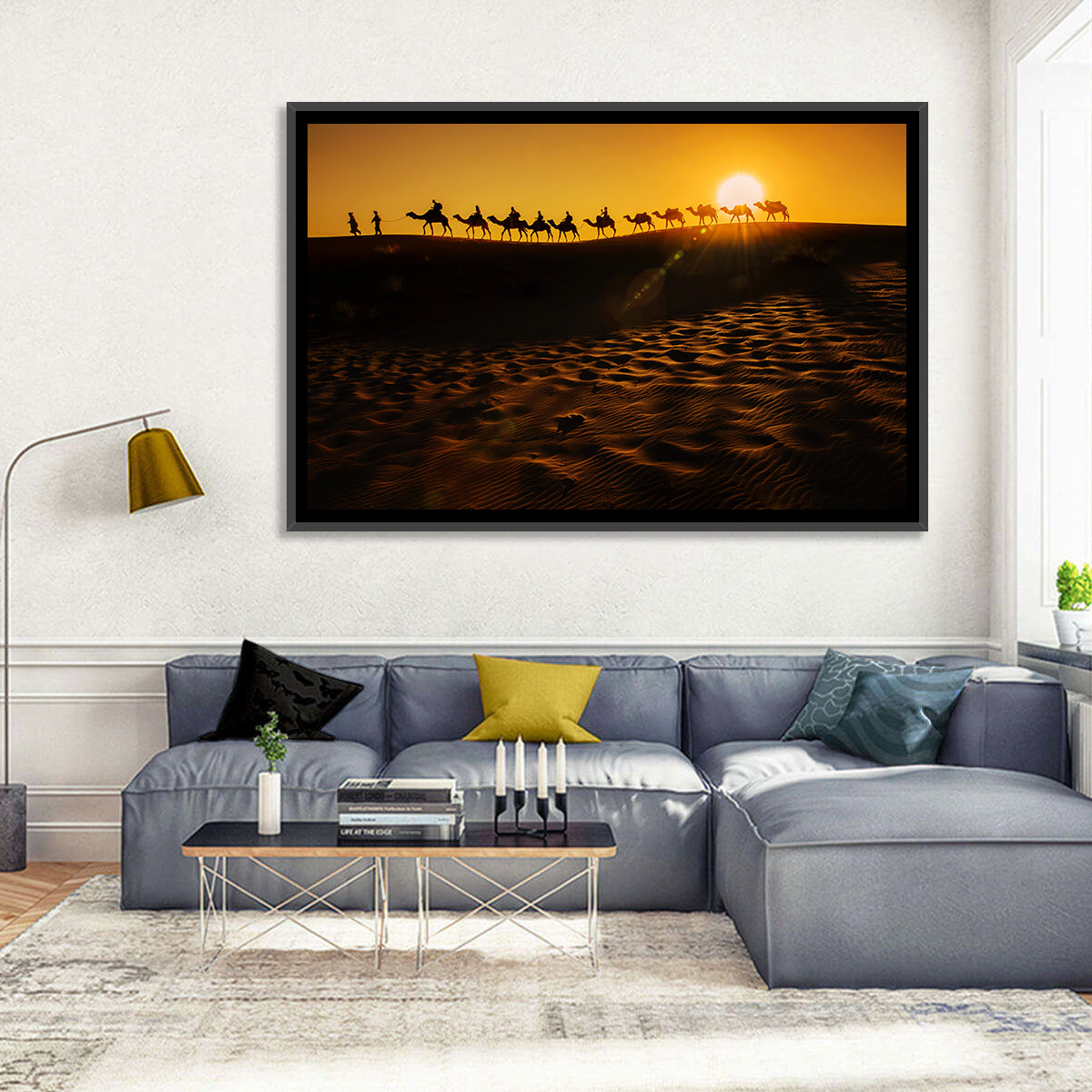 Camel Caravan Silhouette at Golden Sunset Wall Art in a room, landscape