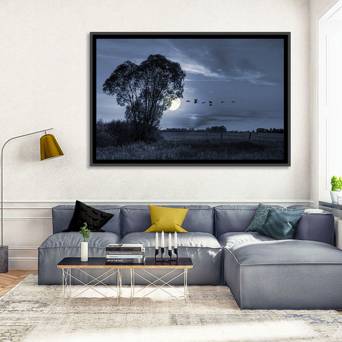 Moonlit Birds Over Quiet Field Wall Art