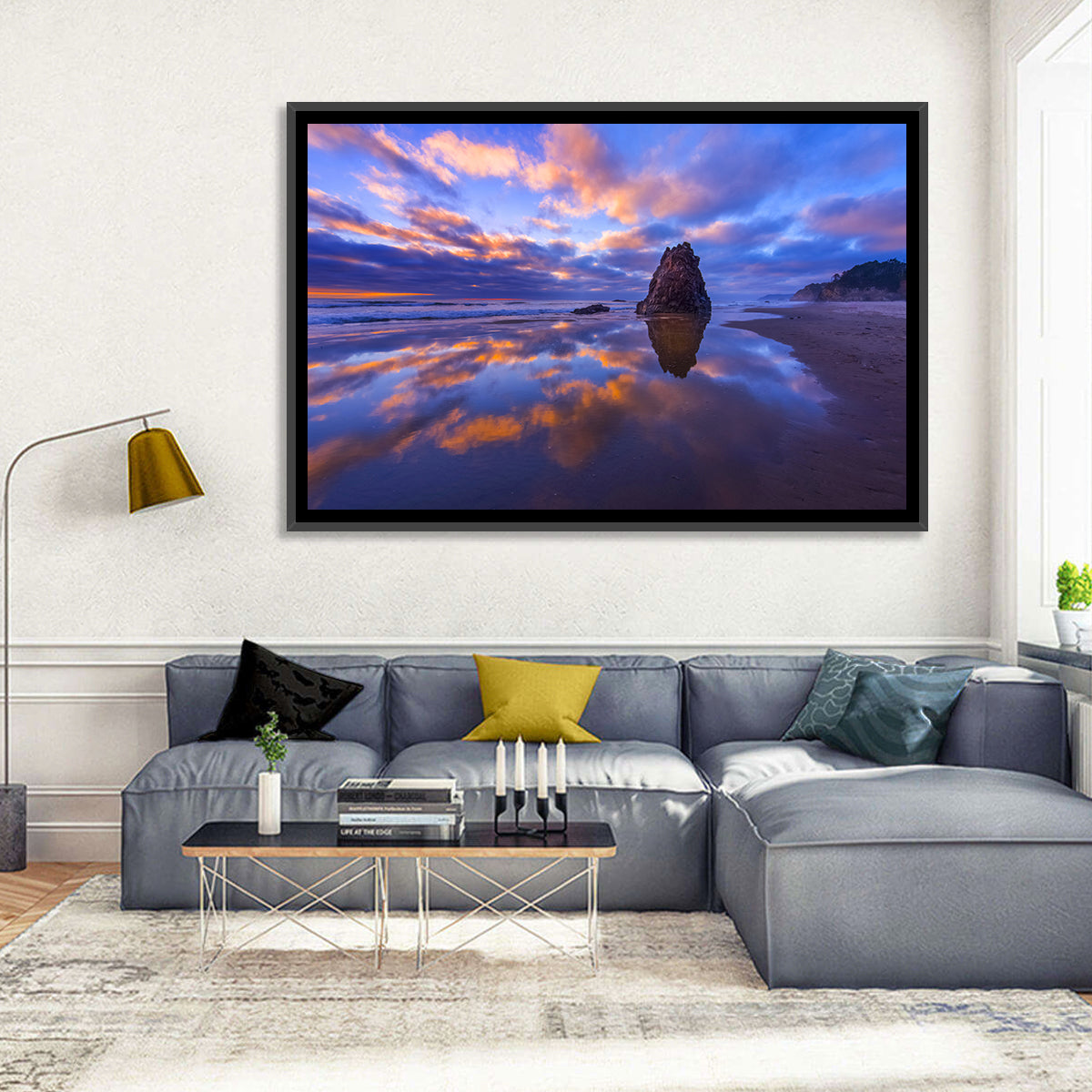 Oregon Coast Sea Stack Sunset Wall Art in a room, landscape
