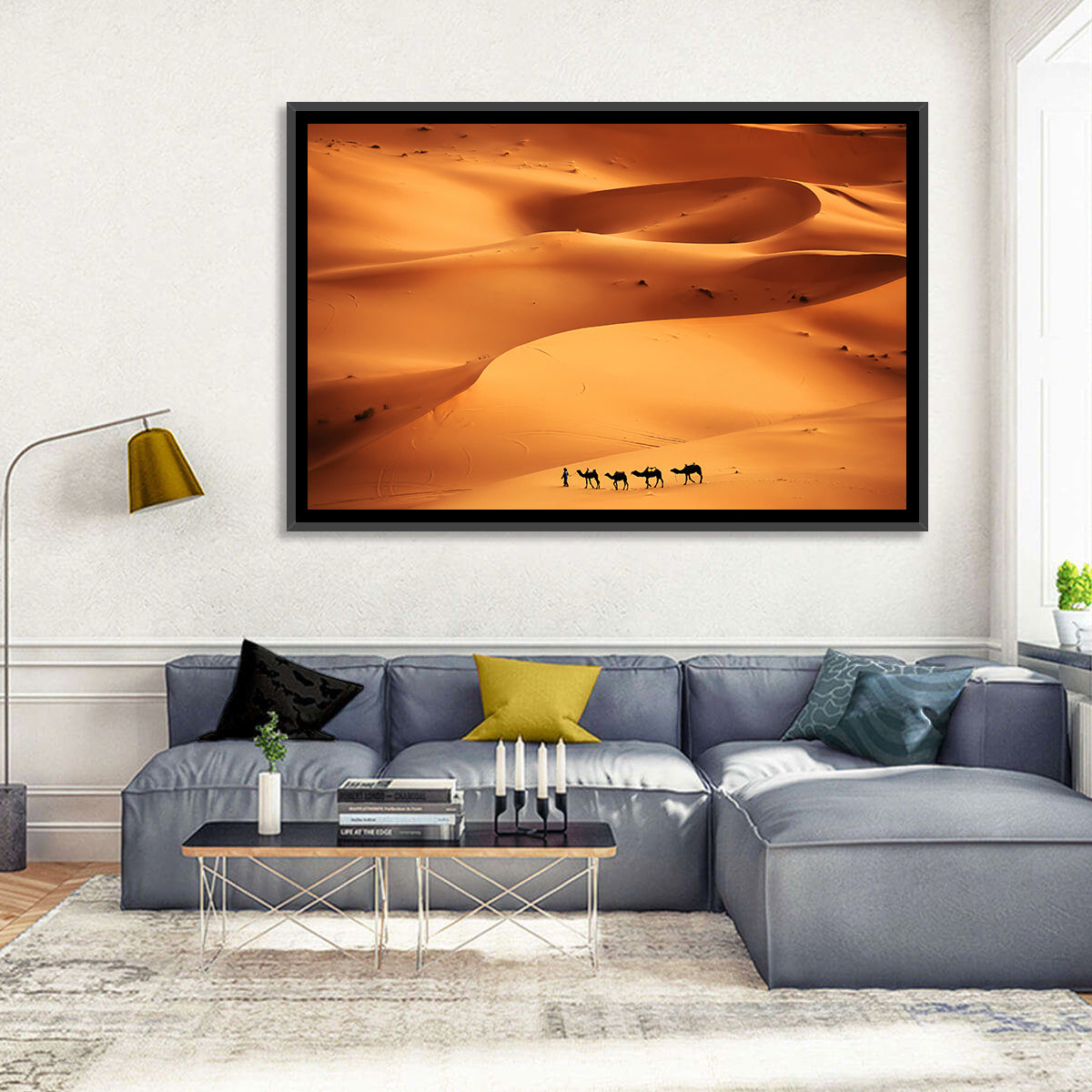 Desert Camel Caravan in Golden Dunes Wall Art in a room, landscape
