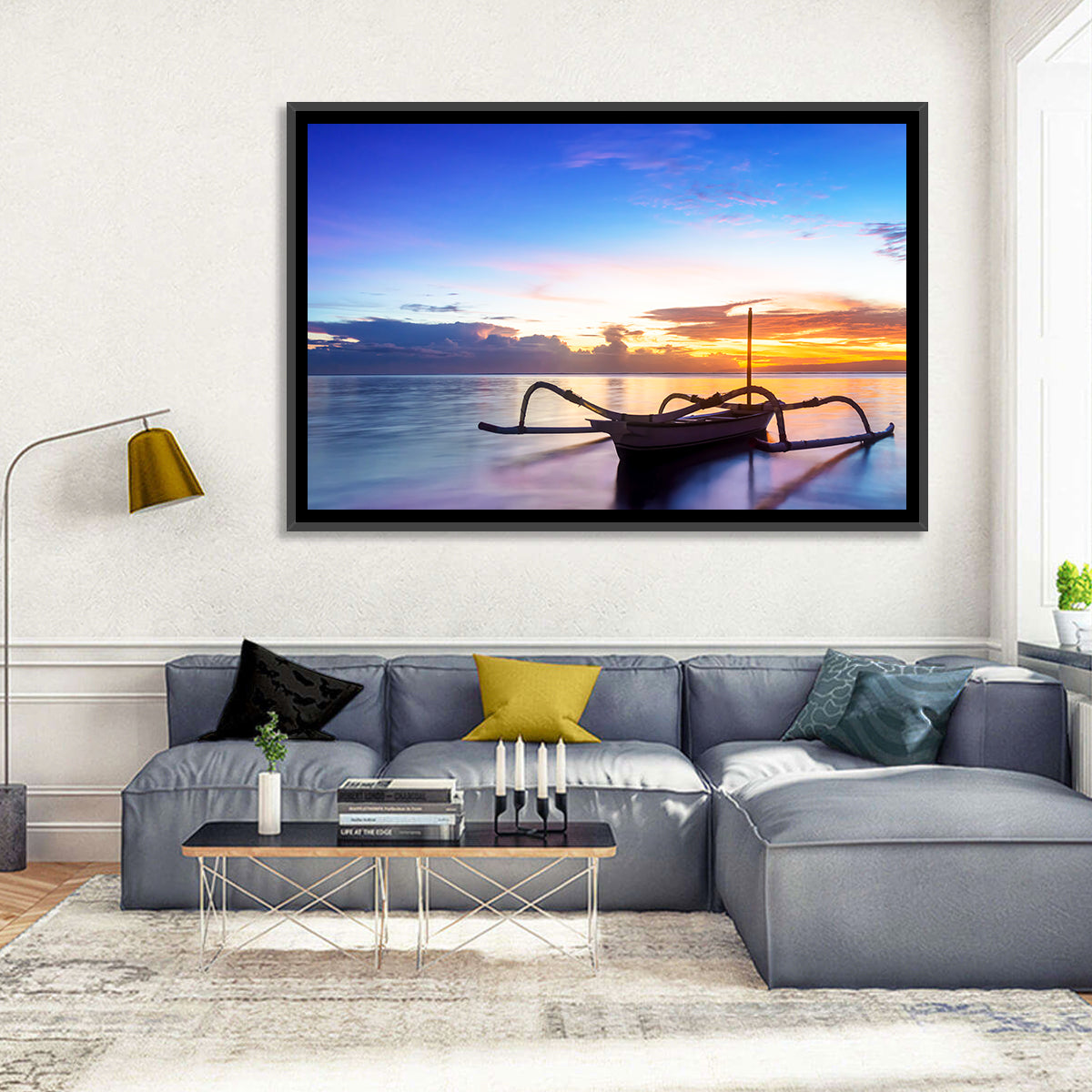 Jukung Fishing Boat at Sunset Wall Art in a room, landscape