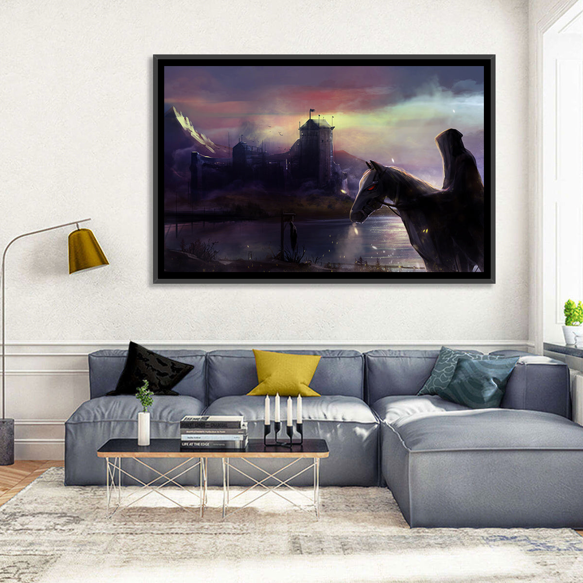 Horseman at Dusk by Misty Castle Wall Art in a room, landscape