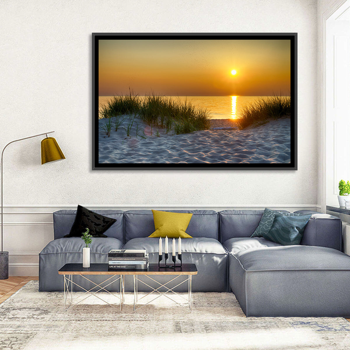 Lake Michigan Sunset Dunes Wall Art in a room, landscape