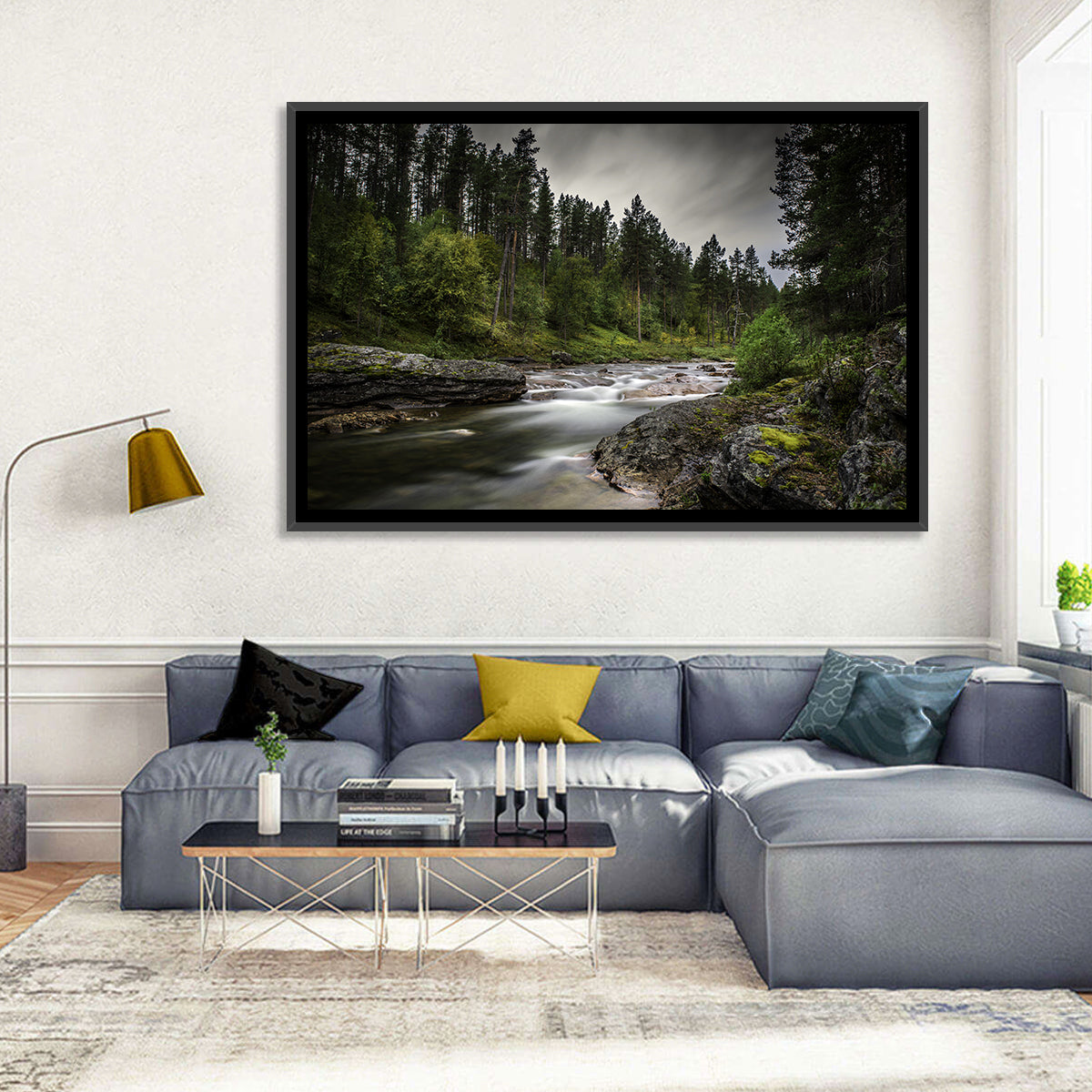 Mossy Forest Stream Wall Art in a room, landscape
