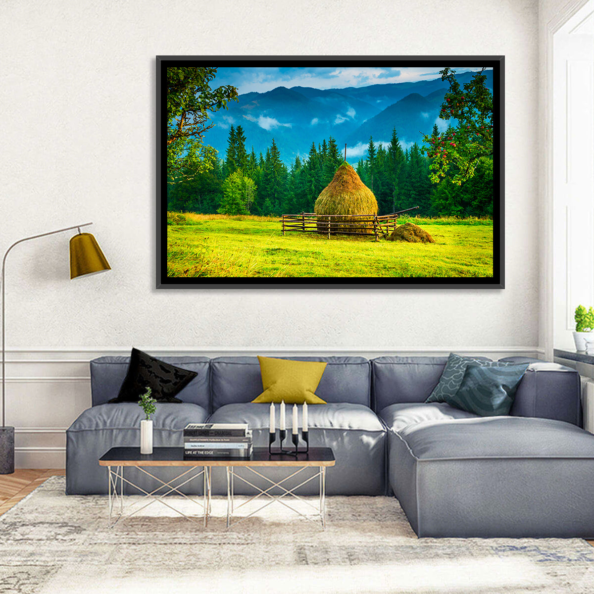Haystack in Mountain Meadow Wall Art in a room, landscape