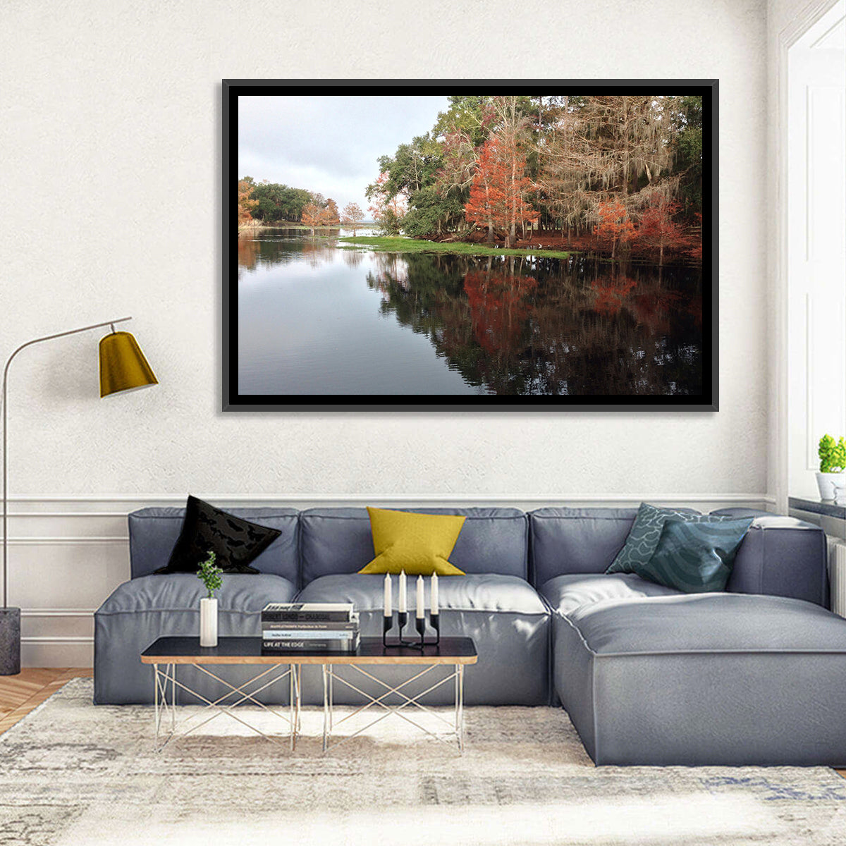 Autumn Lake Reflection Wall Art in a room, landscape