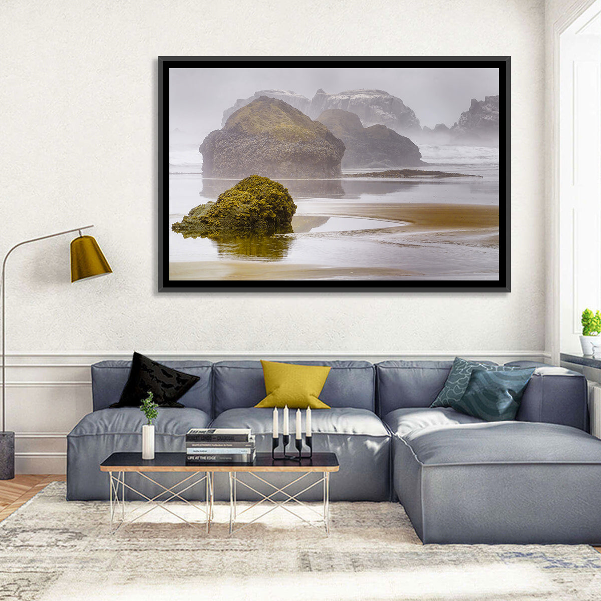 Misty Oregon Sea Stacks Wall Art in a room, landscape