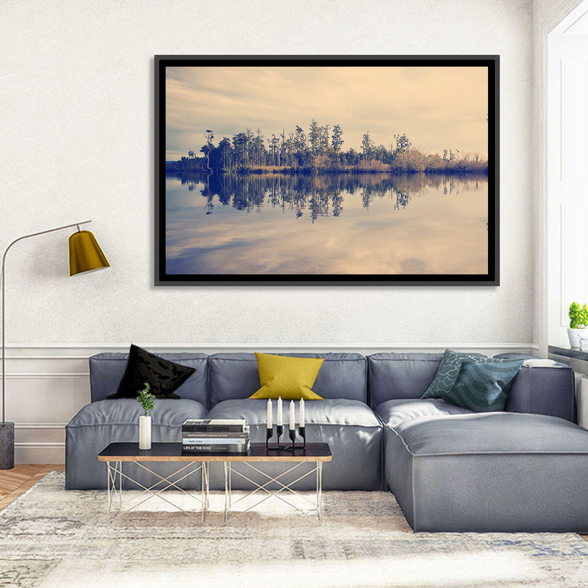 Sunset Over Forest Lake Wall Art in a room, landscape
