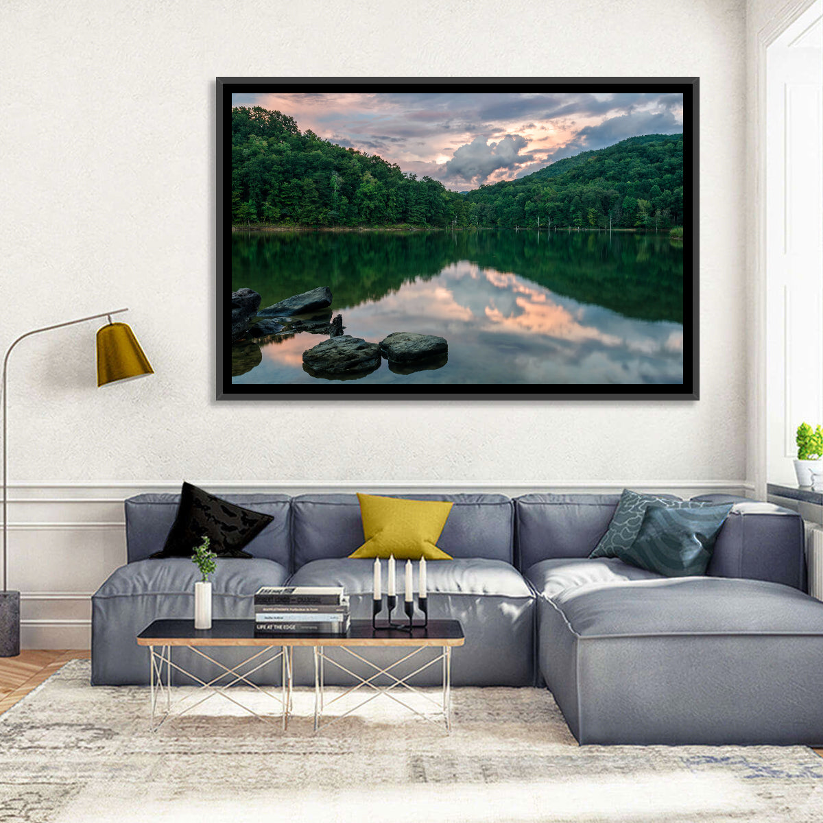 Martins Fork Lake Sunset Wall Art in a room, landscape
