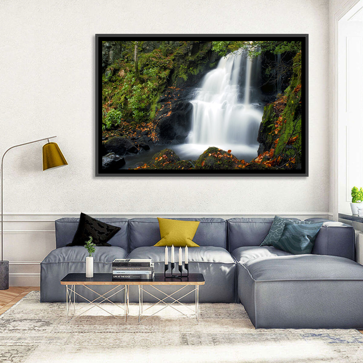 Autumn Waterfall in Tobermory Wall Art in a room, landscape