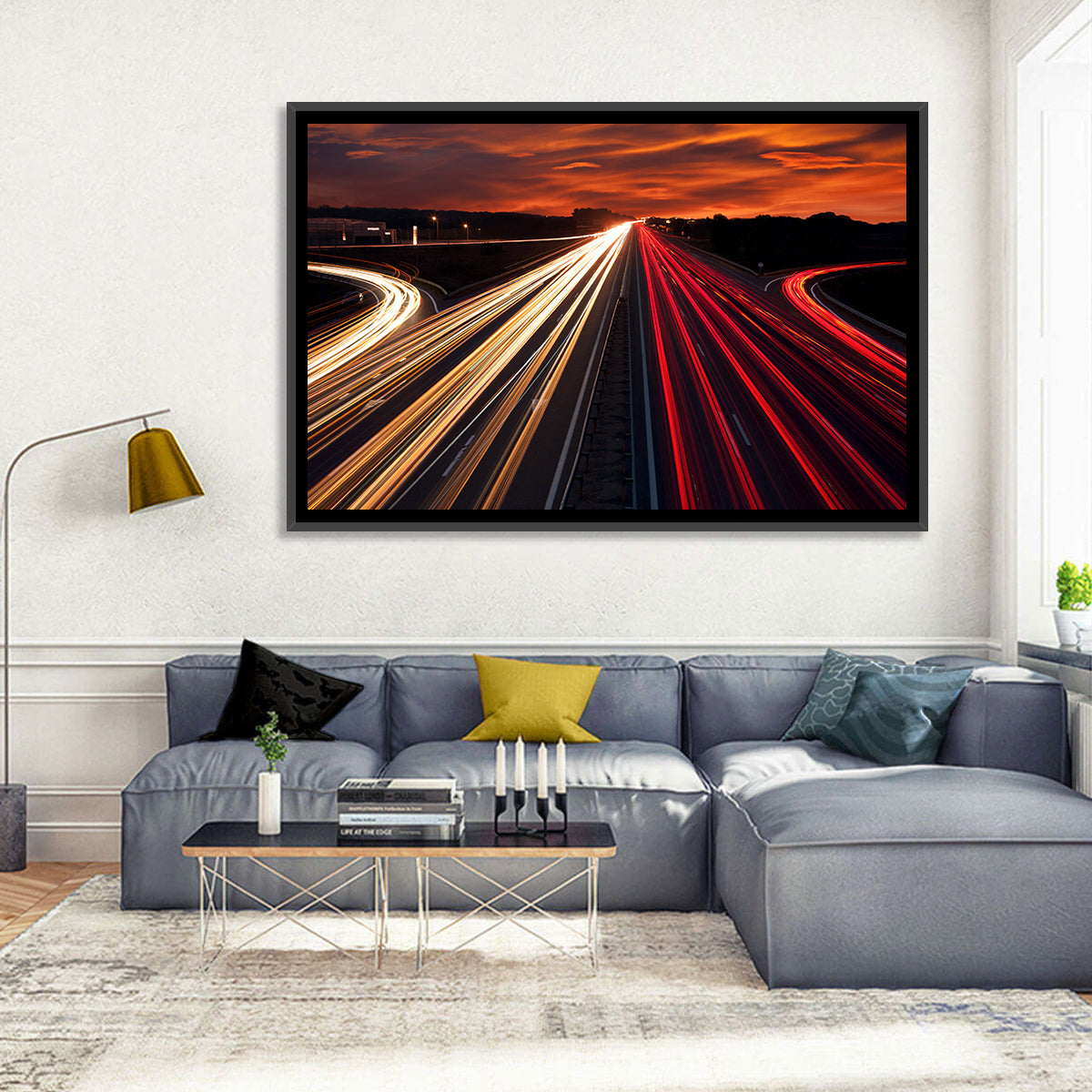 Sunset Highway Light Trails Wall Art in a room, landscape