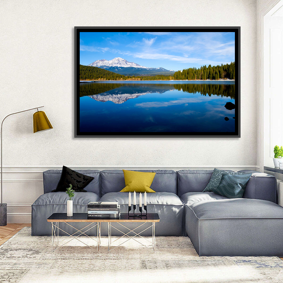 Northern California Snow Capped Lake Wall Art in a room, landscape
