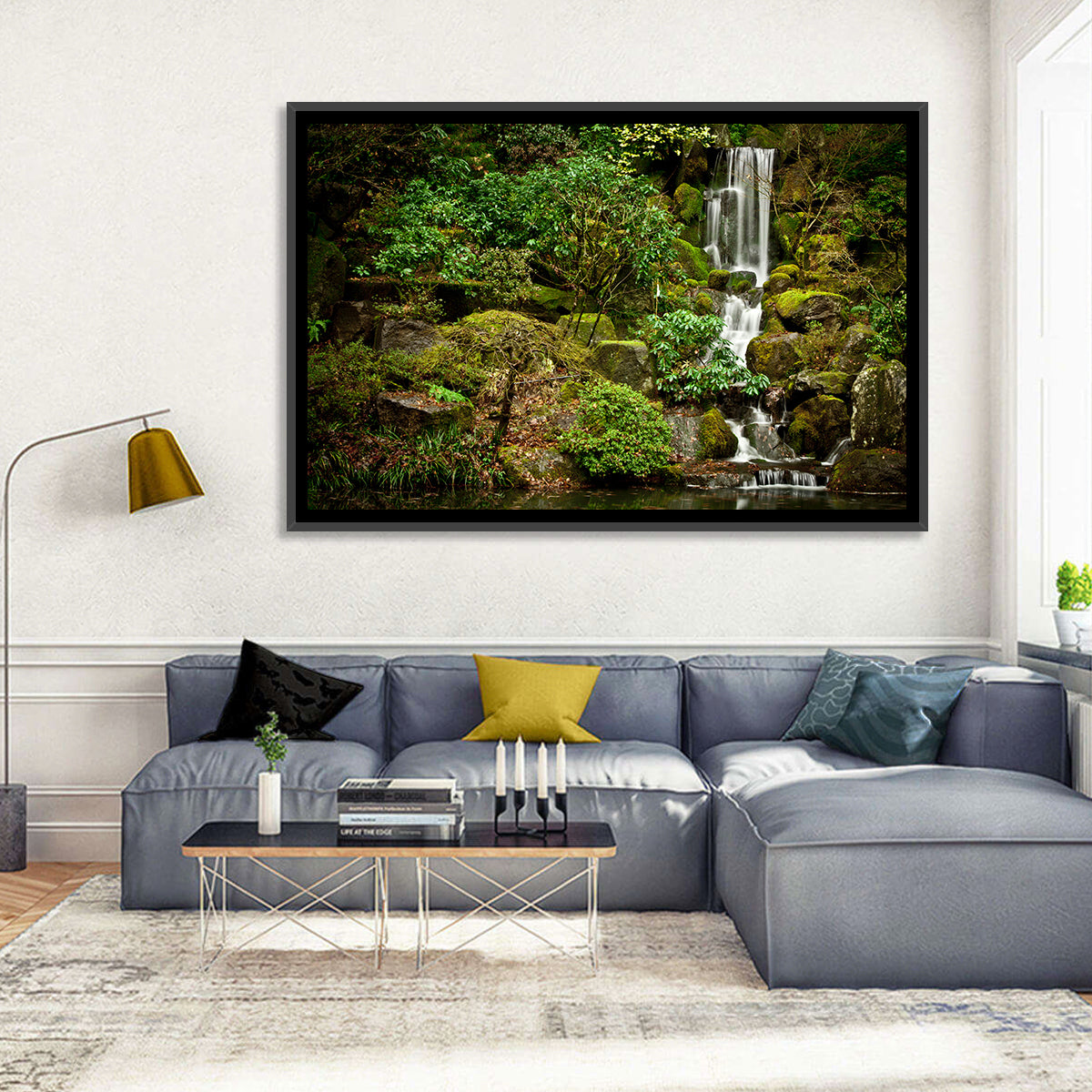 Secluded Mossy Waterfall Wall Art in a room, landscape