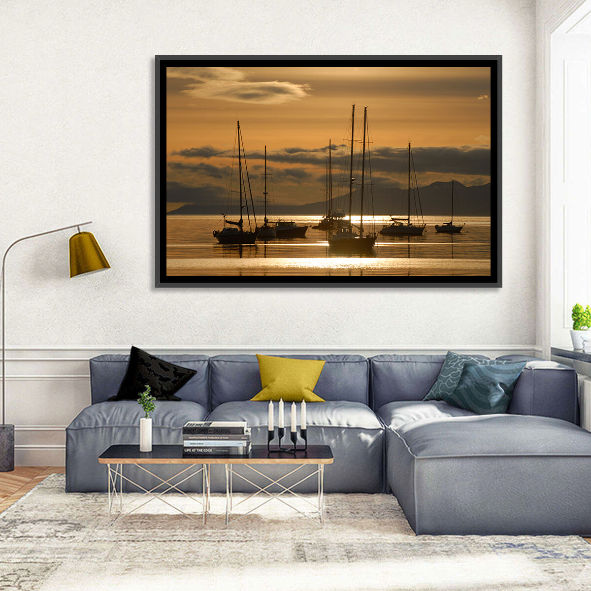 Sailboats at Sunrise Wall Art in a room, landscape