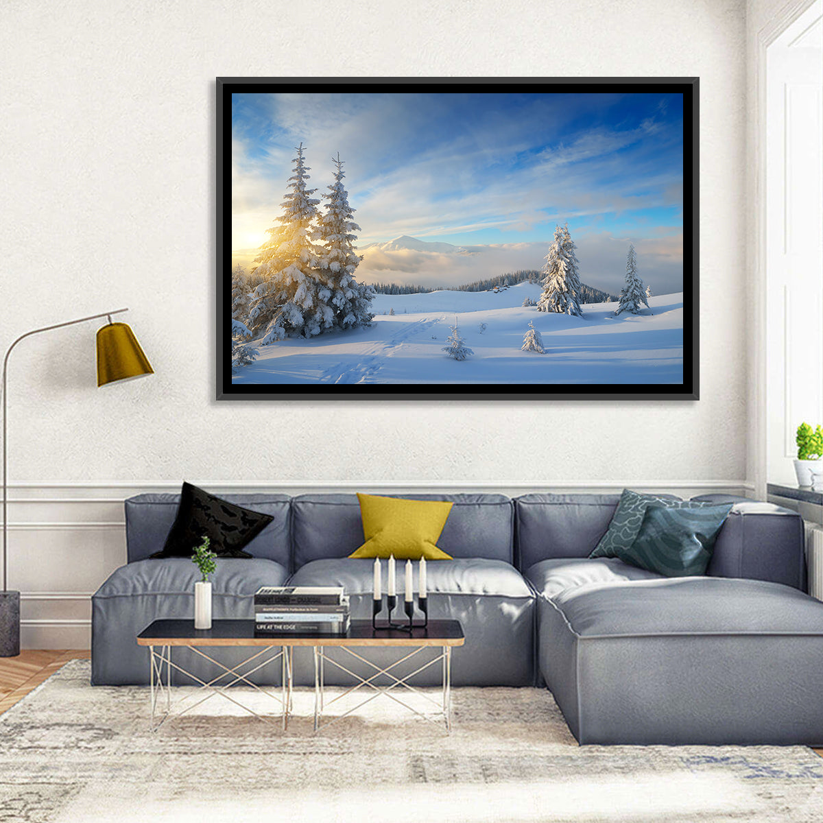 Carpathian Winter Sunrise Wall Art in a room, landscape