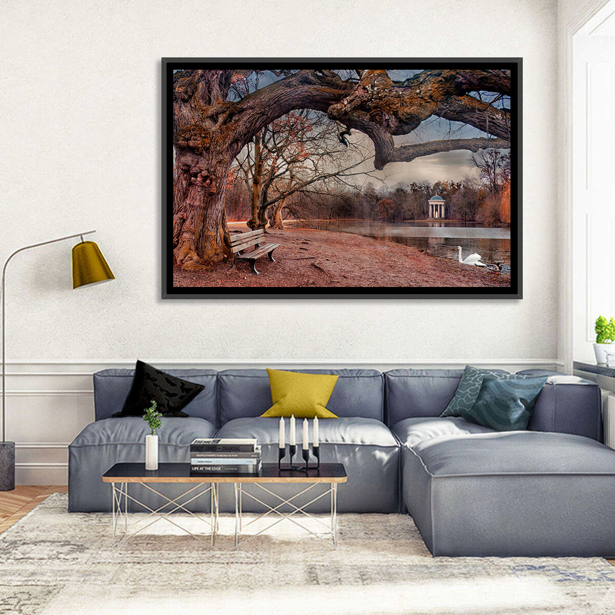 Autumn Pavilion with Swan Wall Art in a room, landscape