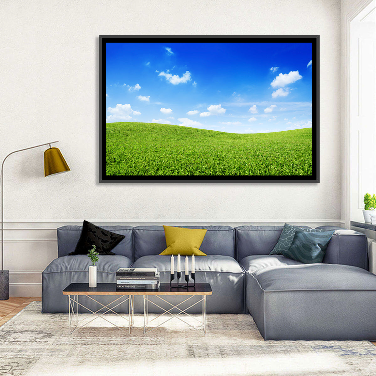 Rolling Green Meadow Under Blue Sky Wall Art in a room, landscape