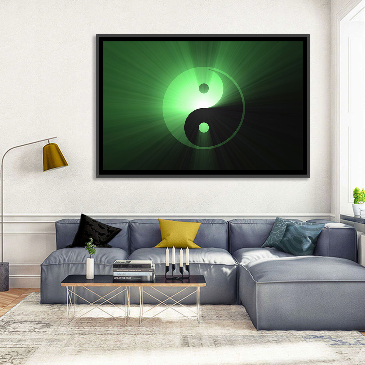 Green Glowing Yin Yang Wall Art in a room, landscape