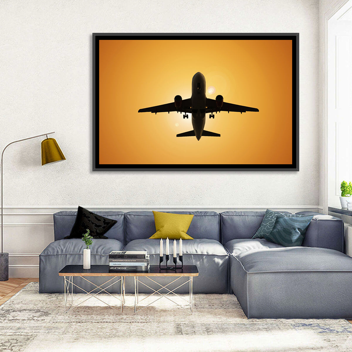 Sunset Jet Silhouette Wall Art in a room, landscape