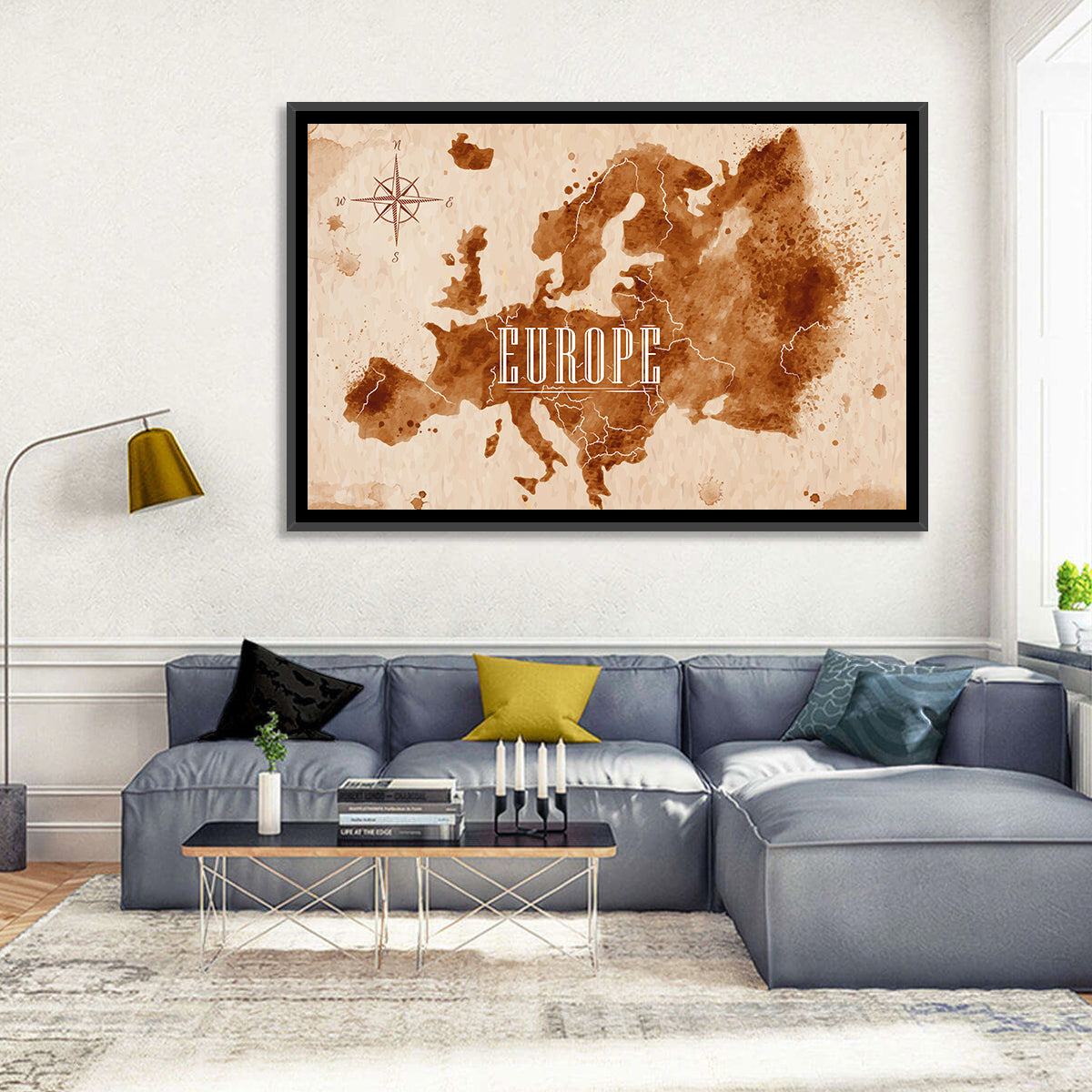 Retro Europe Map Wall Art in a room, landscape