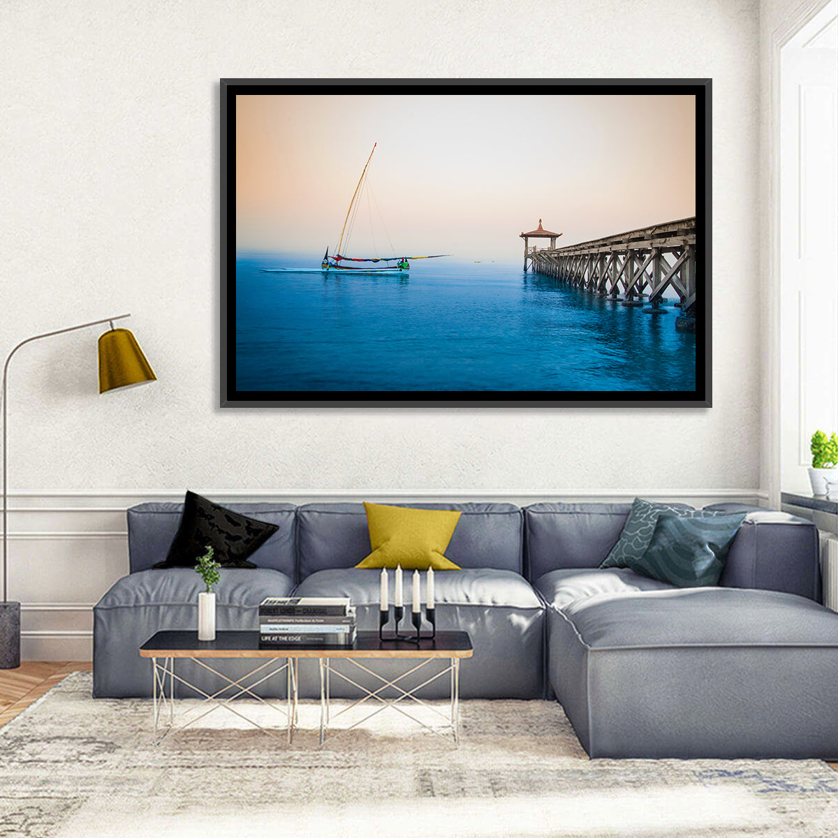 Outrigger Boat and Pier Wall Art in a room, landscape