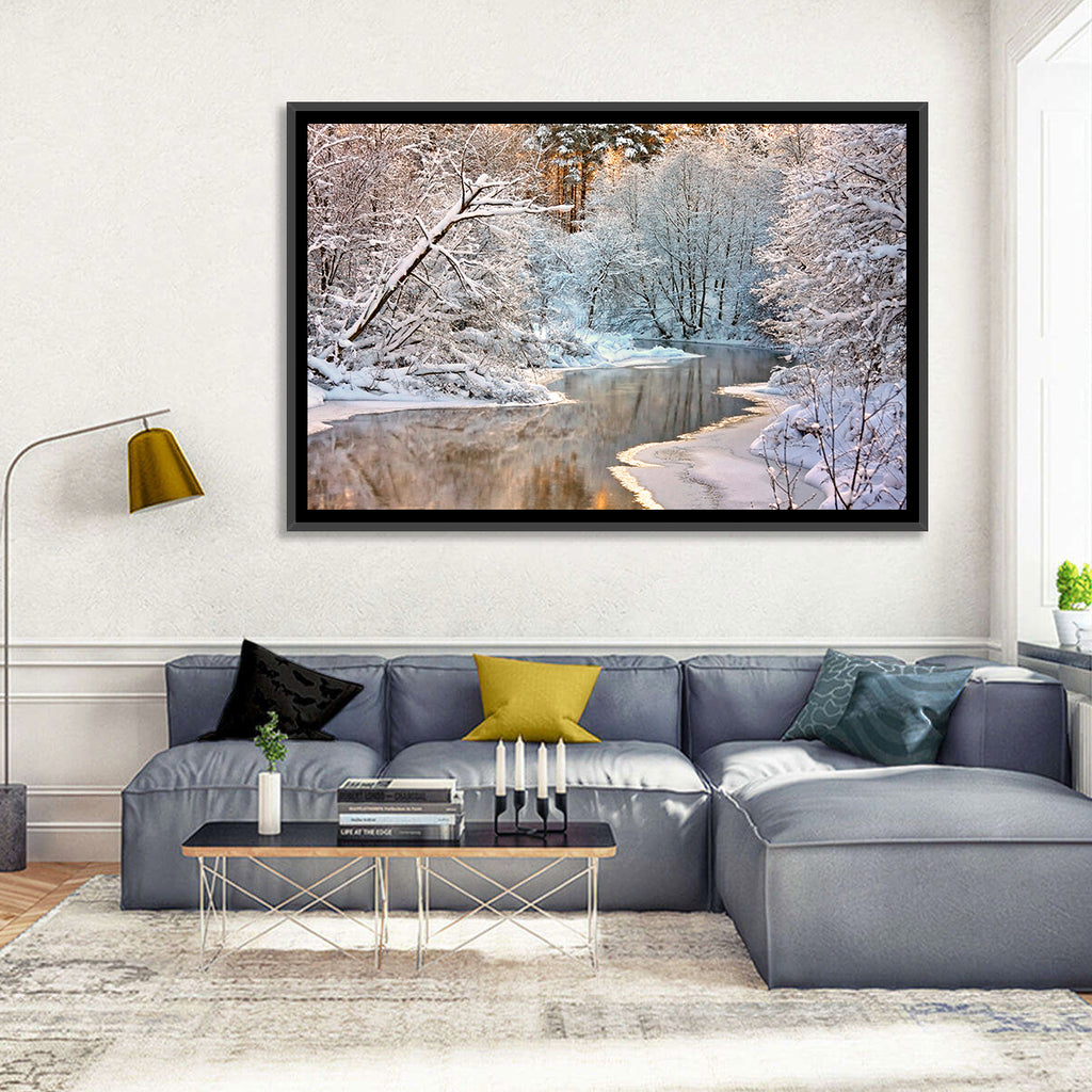 Snow-covered Stream at Golden Hour Wall Art