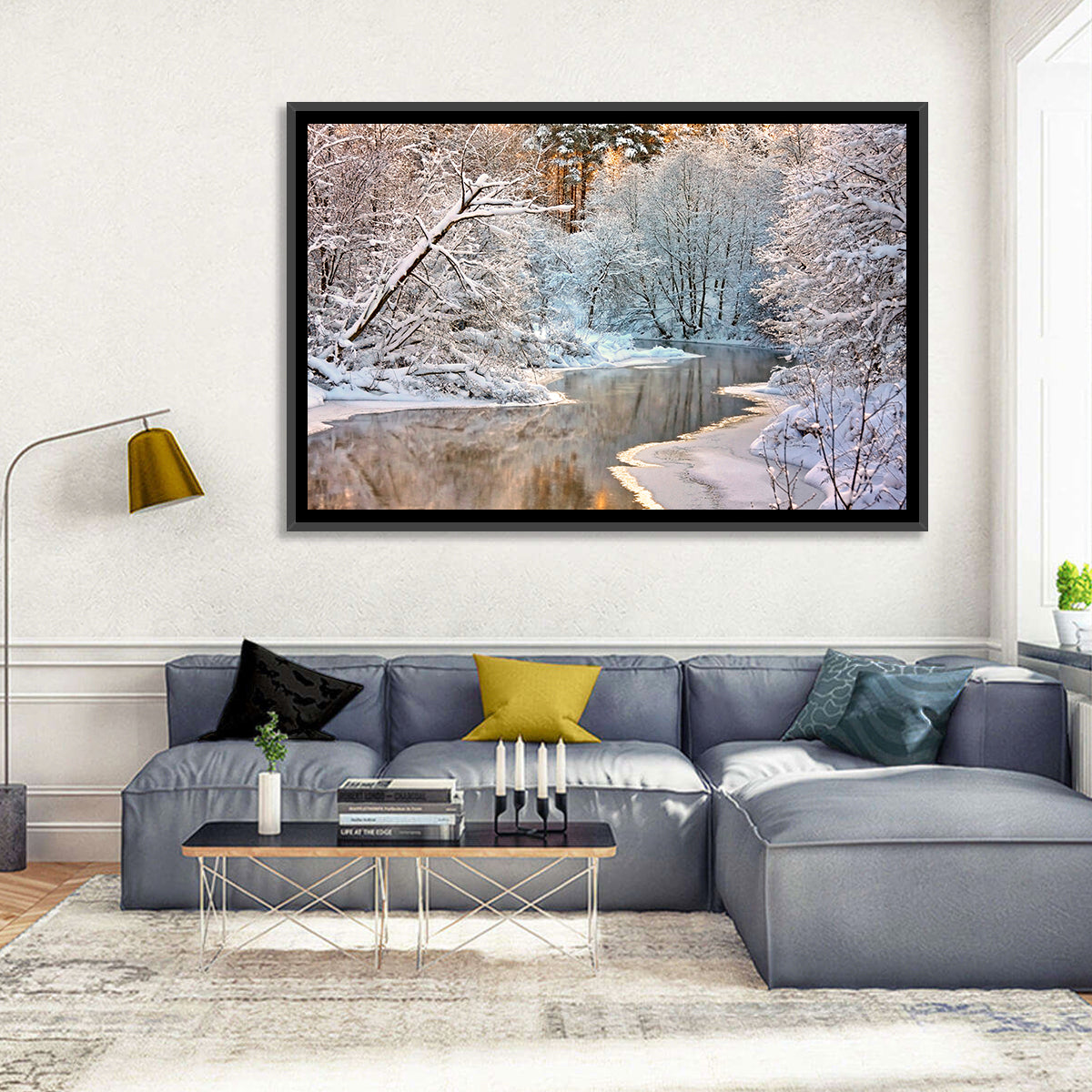 Snow-covered Stream at Golden Hour Wall Art