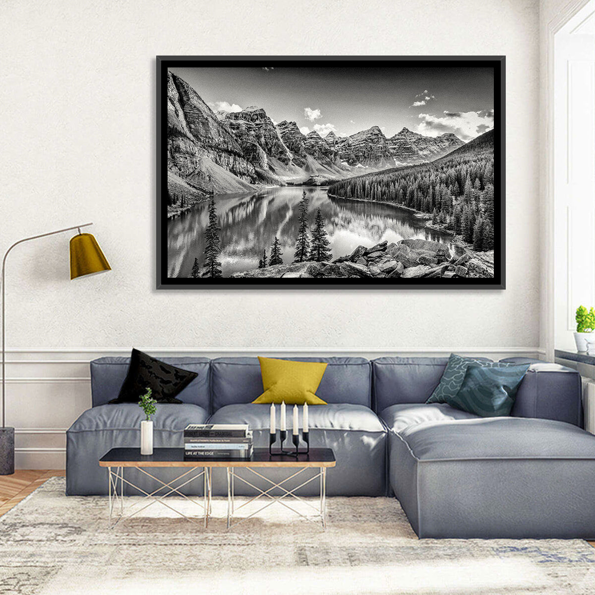 Moraine Lake Monochrome Mountain Landscape Wall Art in a room, landscape