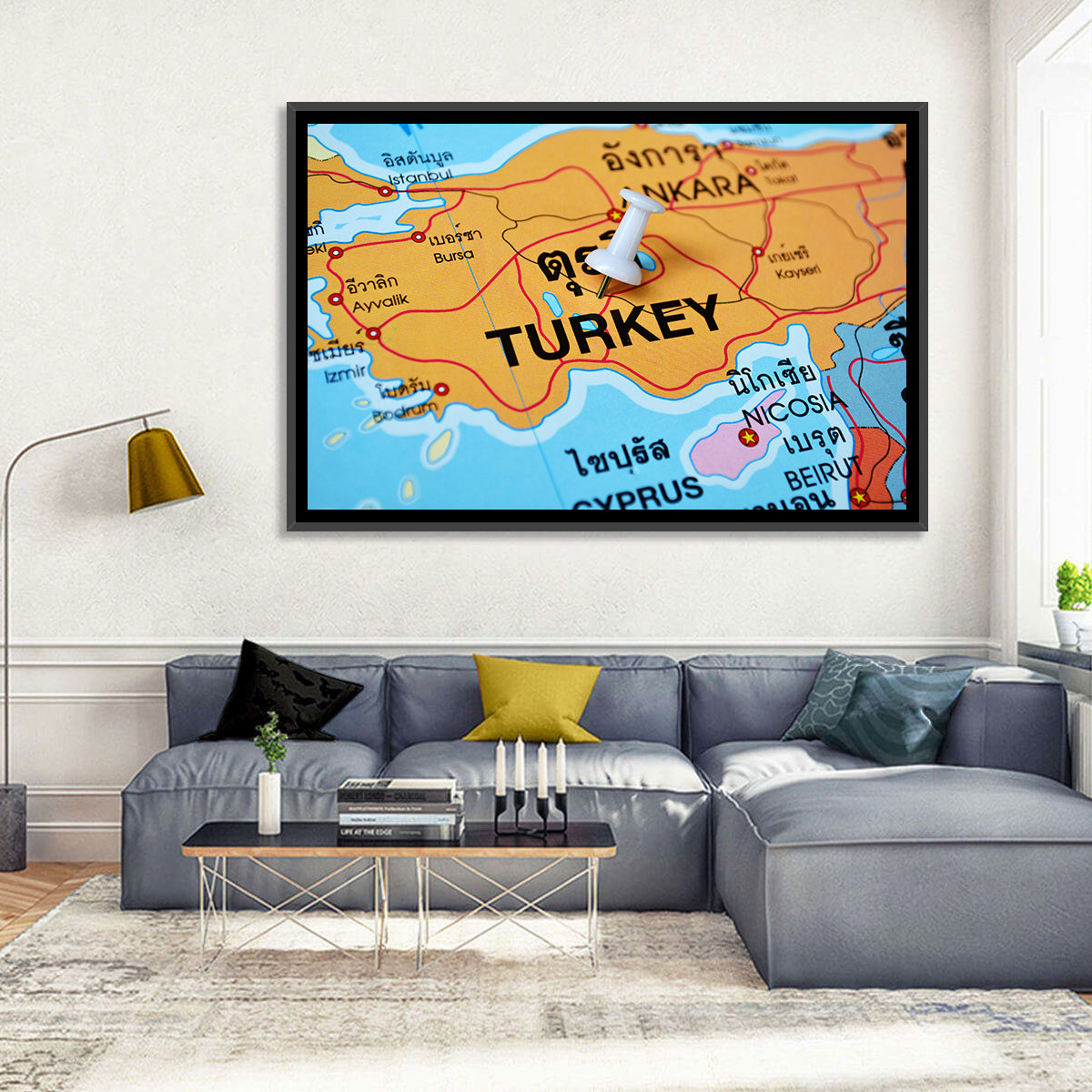 Turkey Map with Ankara Pin Wall Art in a room, landscape