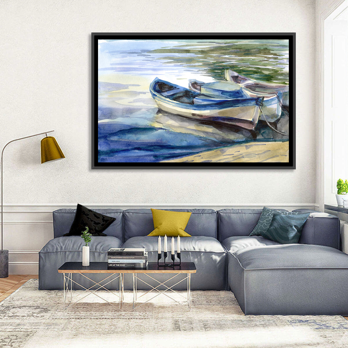 Watercolor Rowboats by the Shore Wall Art in a room, landscape