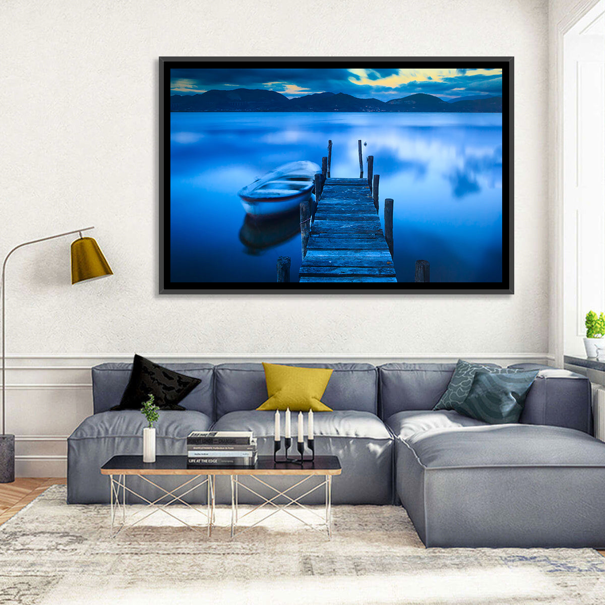 Boat and Wooden Pier Wall Art in a room, landscape