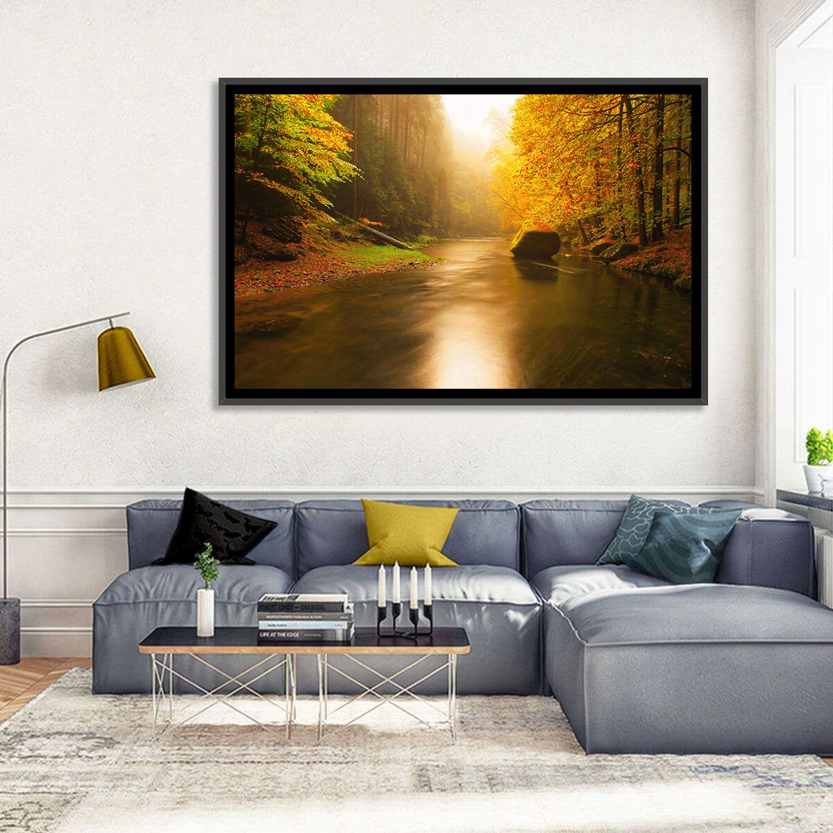 Misty Mountain River Wall Art in a room, landscape