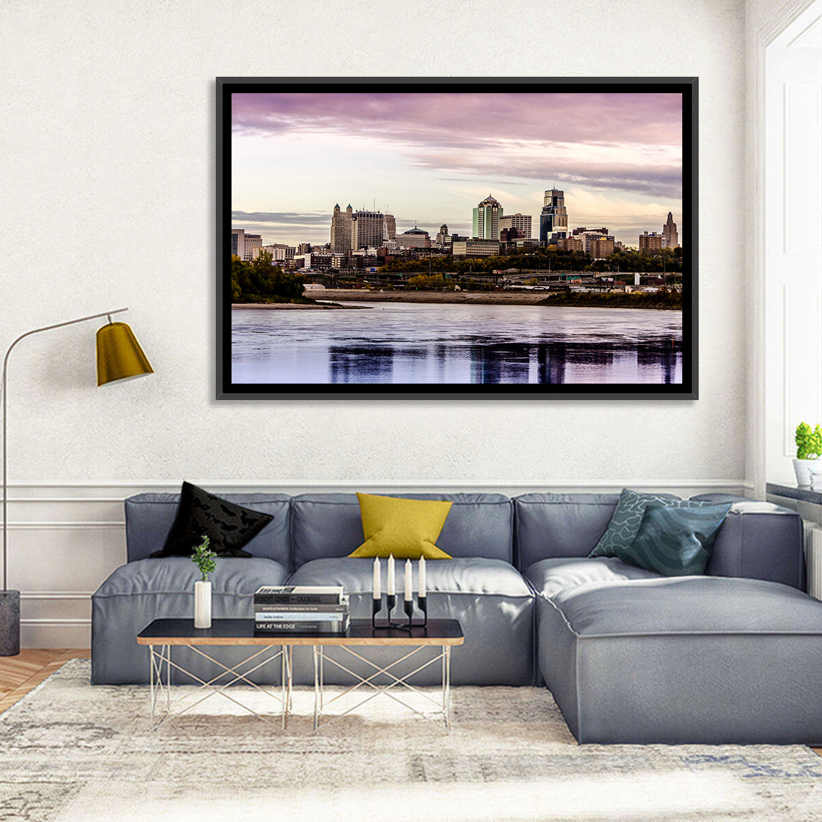 Kansas City Skyline at Dusk Wall Art in a room, landscape