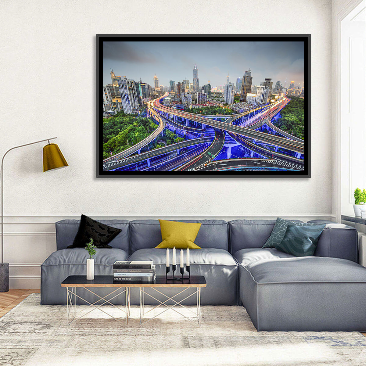 Shanghai Dusk Interchange Cityscape Wall Art in a room, landscape