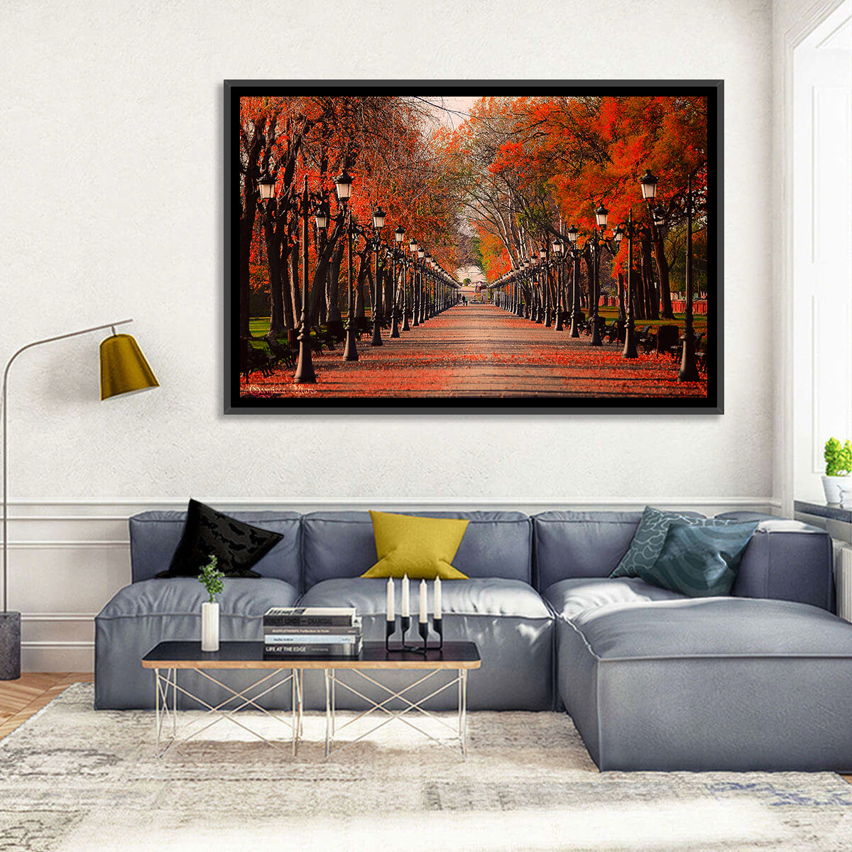 Autumn Park Path with Vintage Lampposts Wall Art in a room, landscape