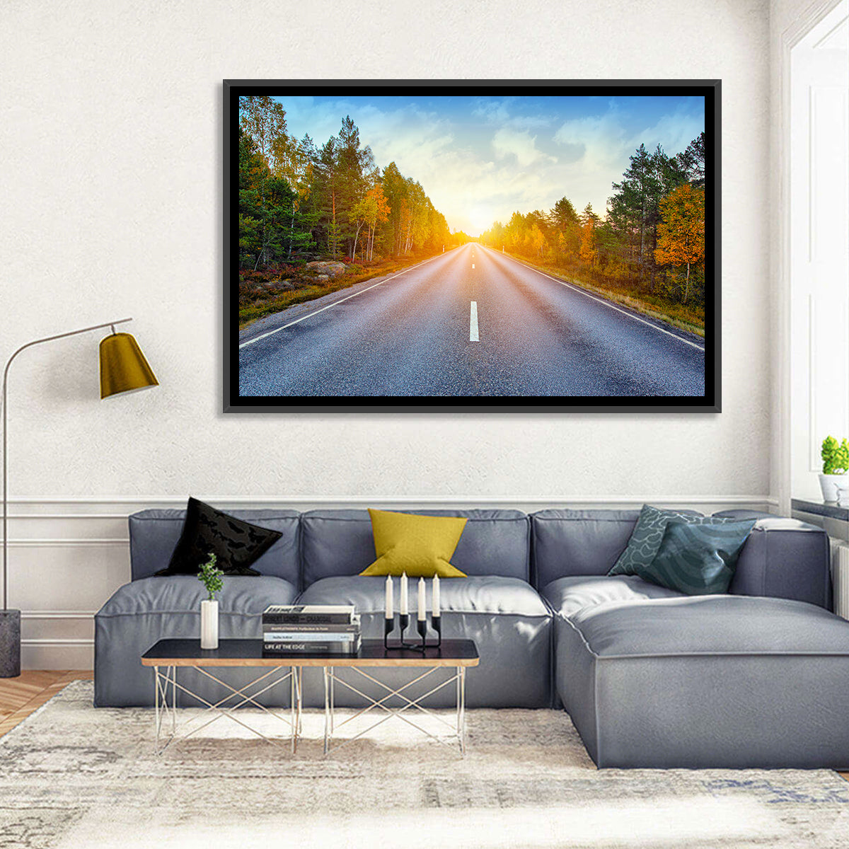 Sunlit Autumn Forest Road Wall Art in a room, landscape