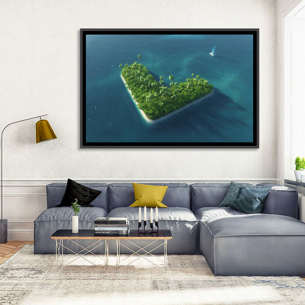 V-shaped Tropical Island with Distant Catamaran Wall Art in a room, landscape
