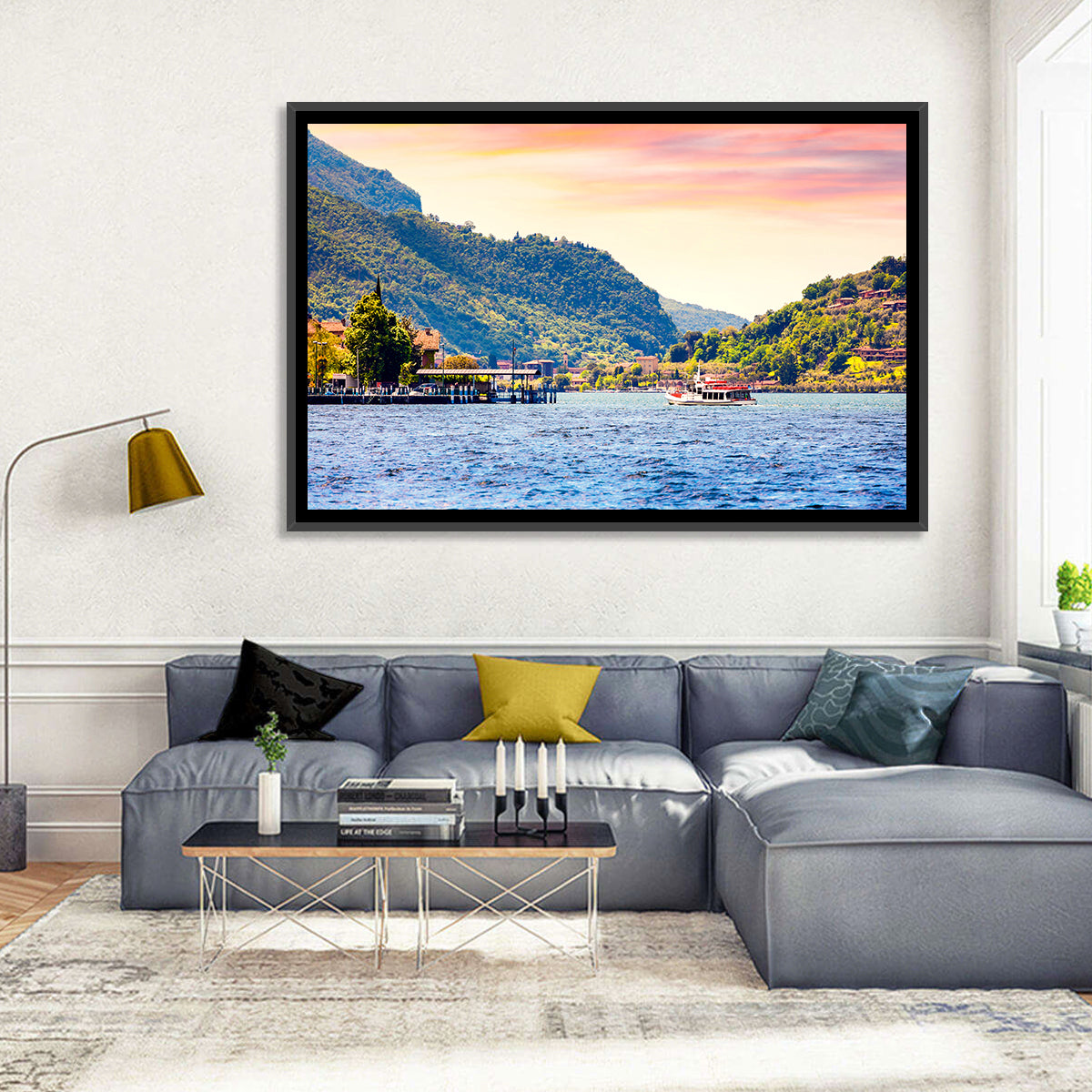Lake Iseo Morning Harbor Wall Art in a room, landscape