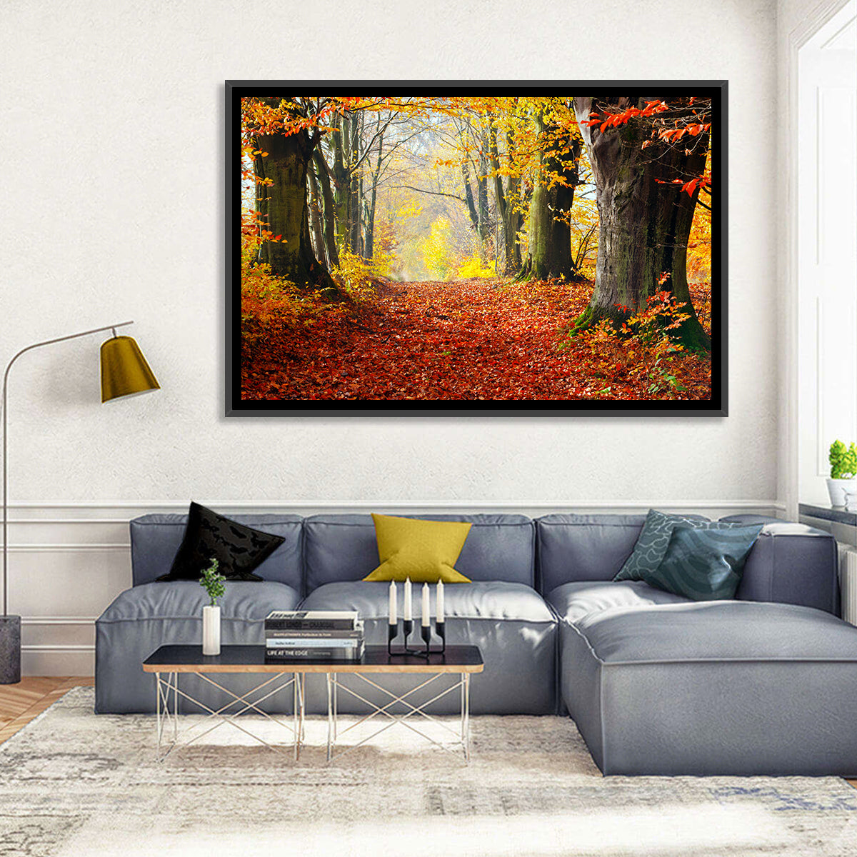 Misty Autumn Forest Path Wall Art in a room, landscape