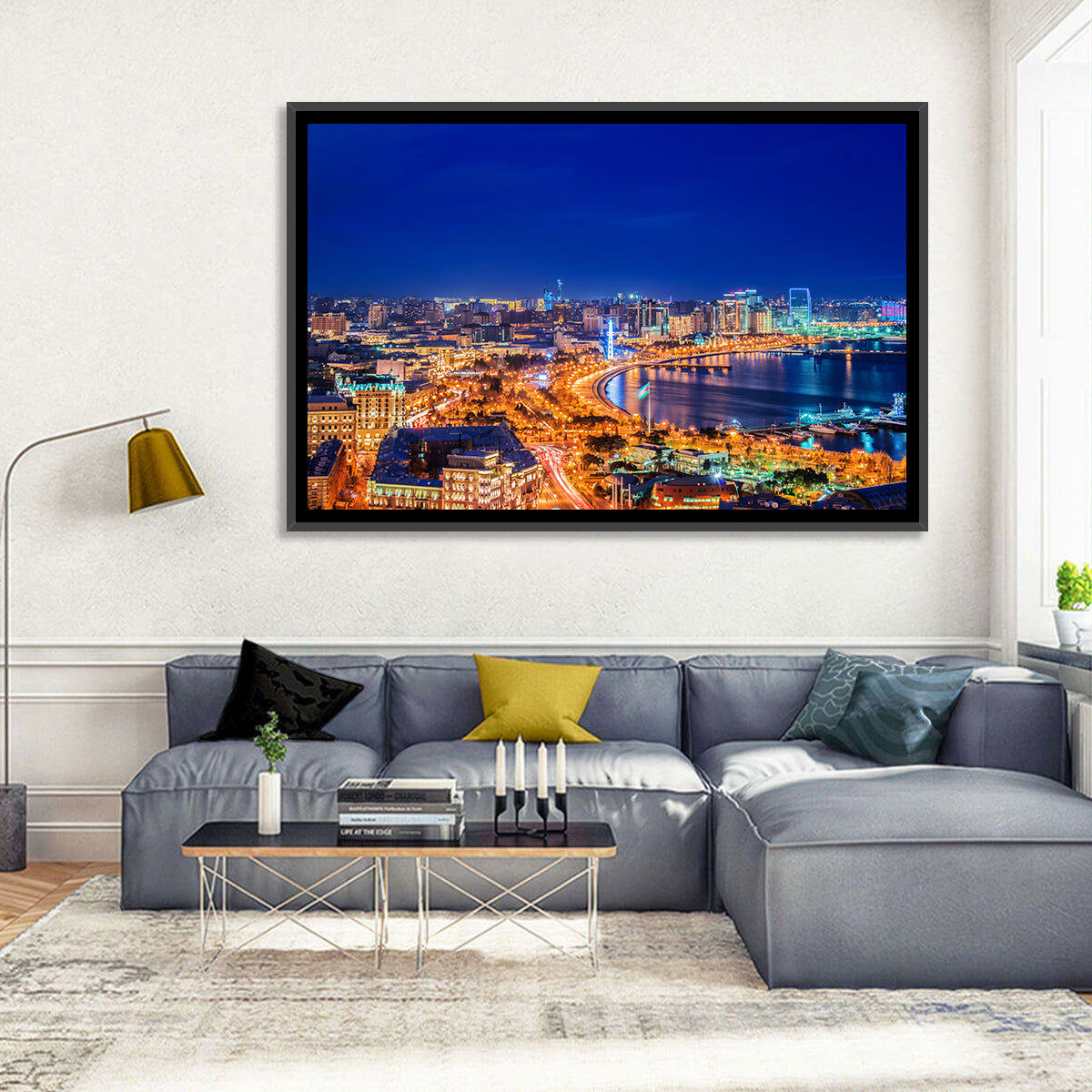 Baku Night Skyline Wall Art in a room, landscape