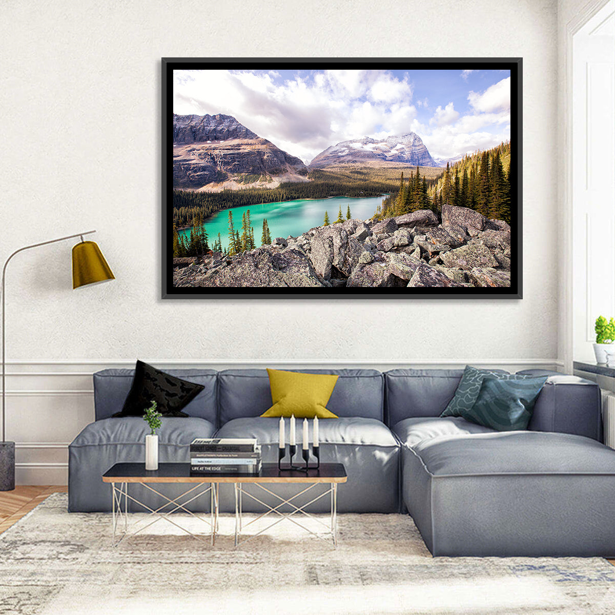 Lake Ohara Rocky Shore Wall Art in a room, landscape