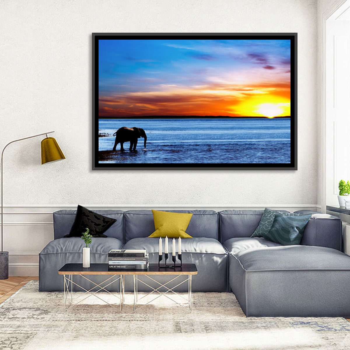 Elephant Silhouette at Beach Sunset Wall Art in a room, landscape