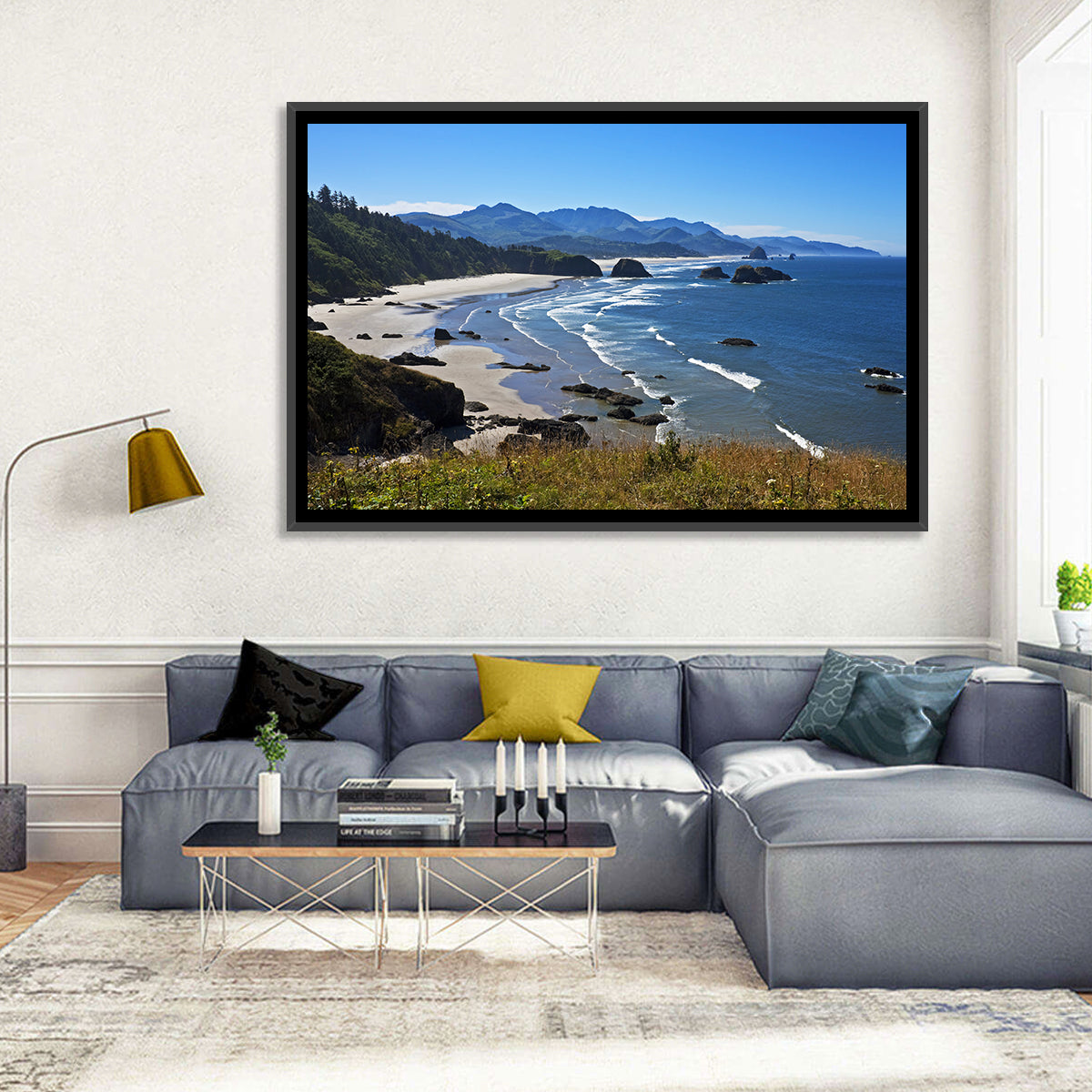 Cannon Beach Morning Shoreline Wall Art in a room, landscape
