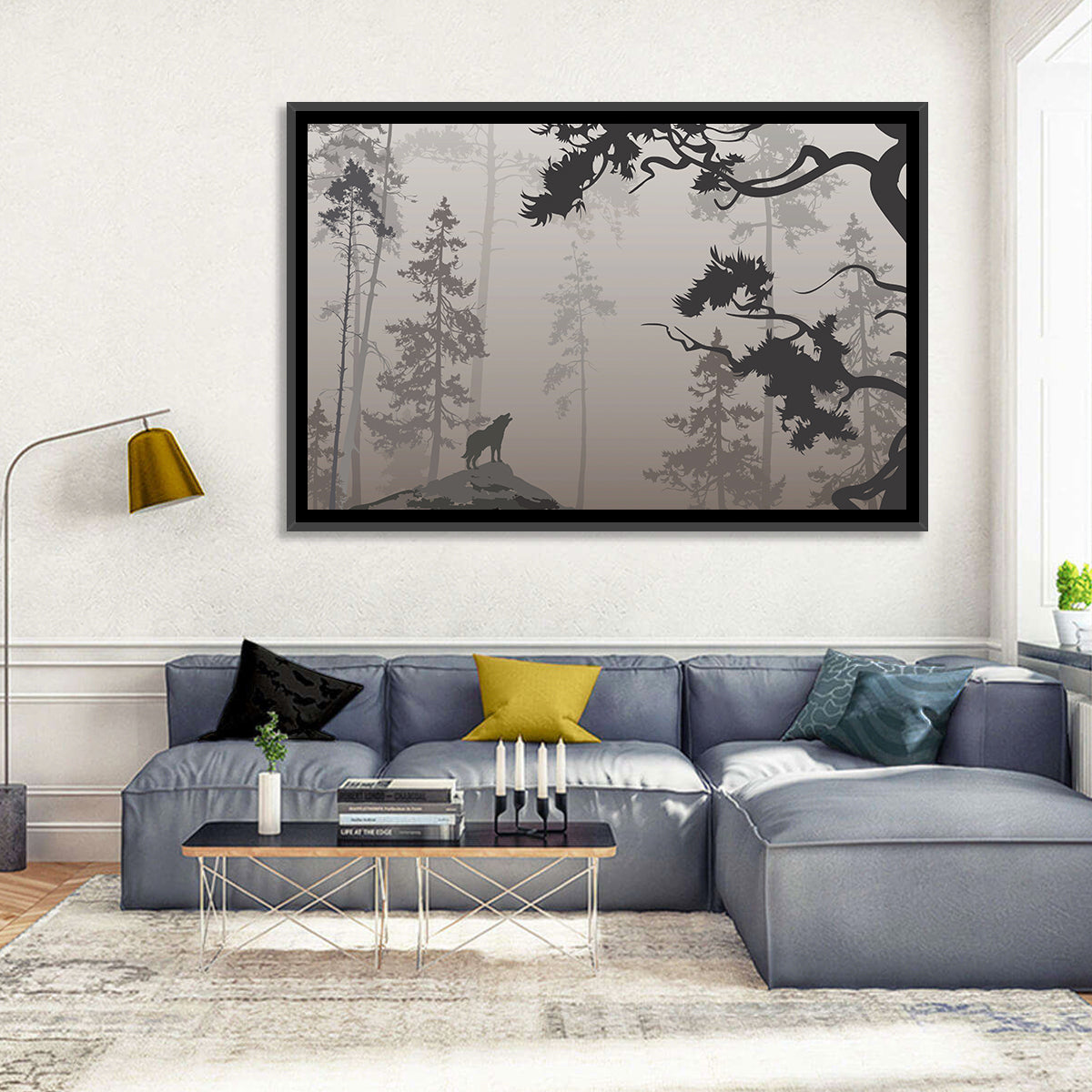 Howling Wolf in Misty Forest Wall Art in a room, landscape